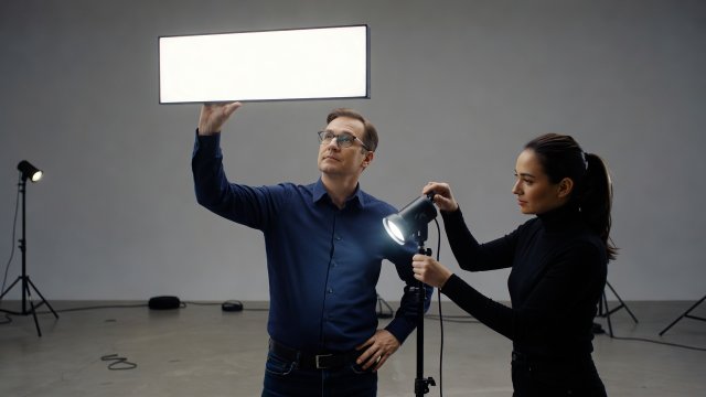 Presenter raising a diffused LED panel slightly above eye level to minimize glasses reflection and forehead shine