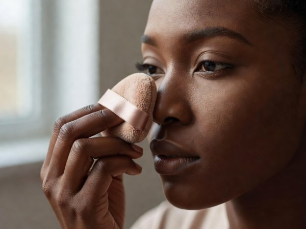 Video creator with rich brown skin pressing a triangular velour powder puff onto the side of the nose bridge in natural window light