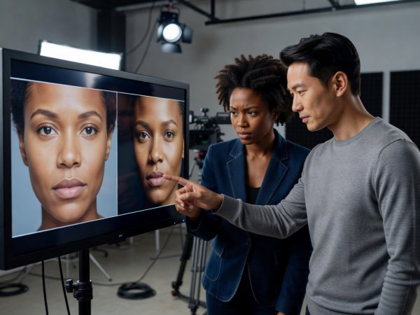 Two video presenters reviewing skin tone accuracy and lighting contrast on a reference monitor in a studio