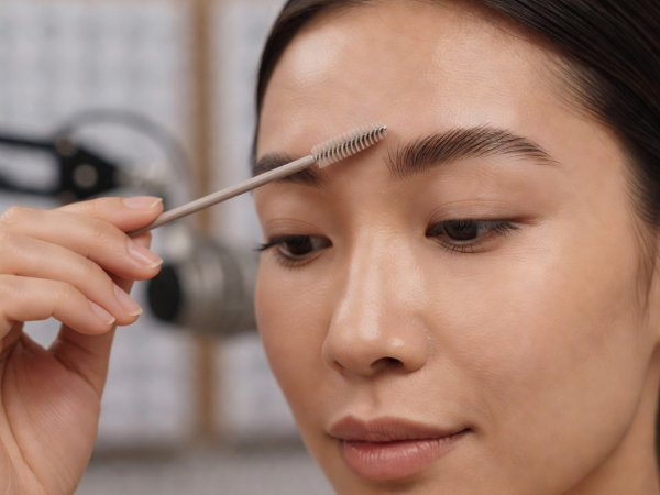 Close-up of a presenter brushing eyebrows upward with a clean spoolie brush in a softly lit recording room