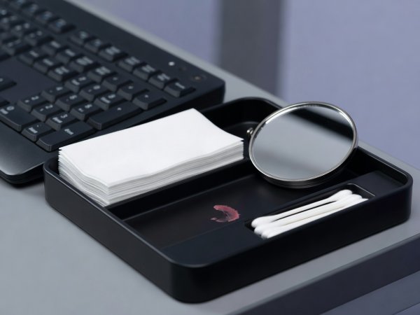Organized black tray beside a studio keyboard holding blotting sheets, a small hand mirror, lip balm stain, and cotton swabs